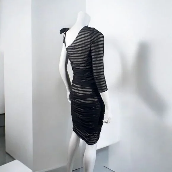 BCBGMaxAzria One Shoulder Striped Mesh Overlay Pencil Dress Black, size Medium - Picture 11 of 16